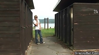 Old Man Has Sex With A Blonde Cougar In A Public Restroom