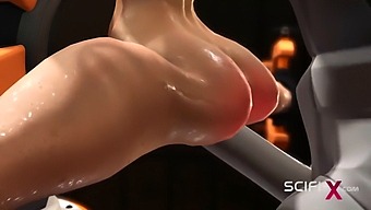 A Voluptuous Blonde Engages In Intense Sexual Activity With An Android In A Futuristic Laboratory