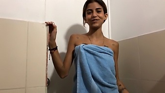 Petite Stepsister Receives Cum Shot After Catching Him Masturbating In The Bathroom